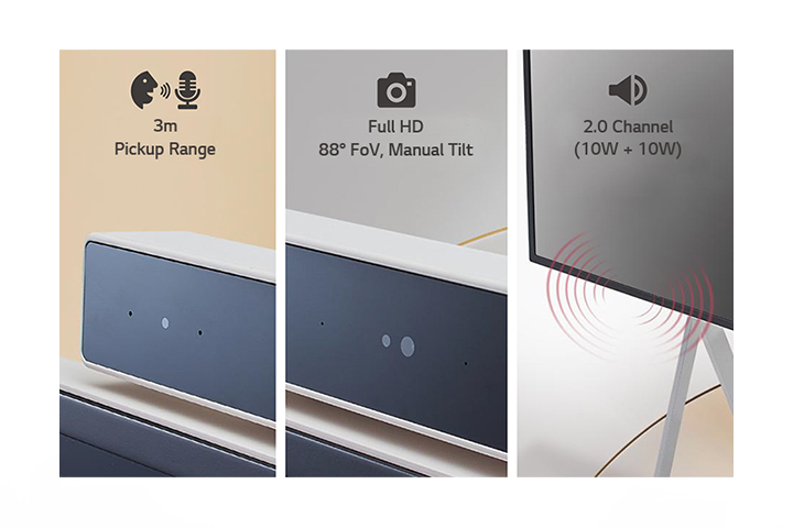 Hình ảnh cận cảnh của micrô, máy ảnh và loa tích hợp mô tả các tính năng chính của chúng.